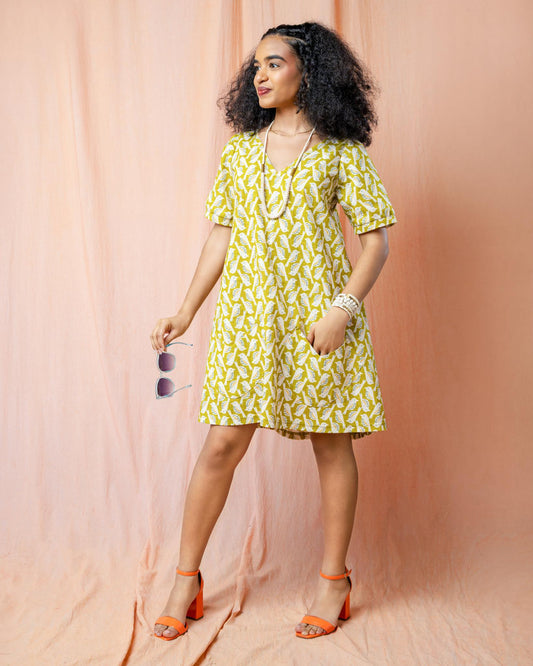 Squasht Winifred Dress Chartreuse Cotton Poplin Birds Print 🦜