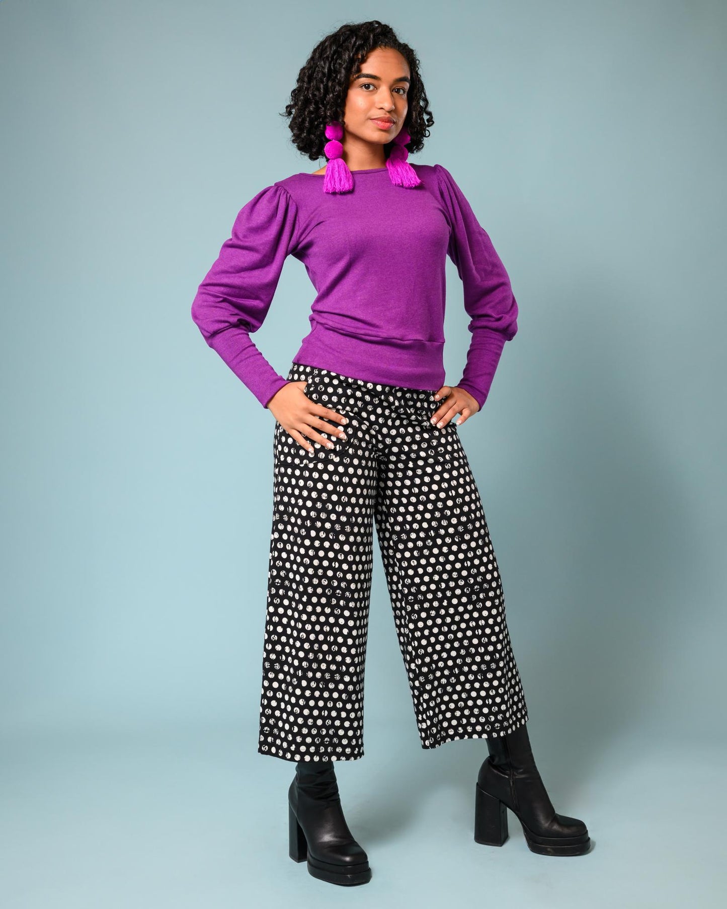 Squasht Wide Leg Pants (Cropped) in Black & White Distressed Polka Dots