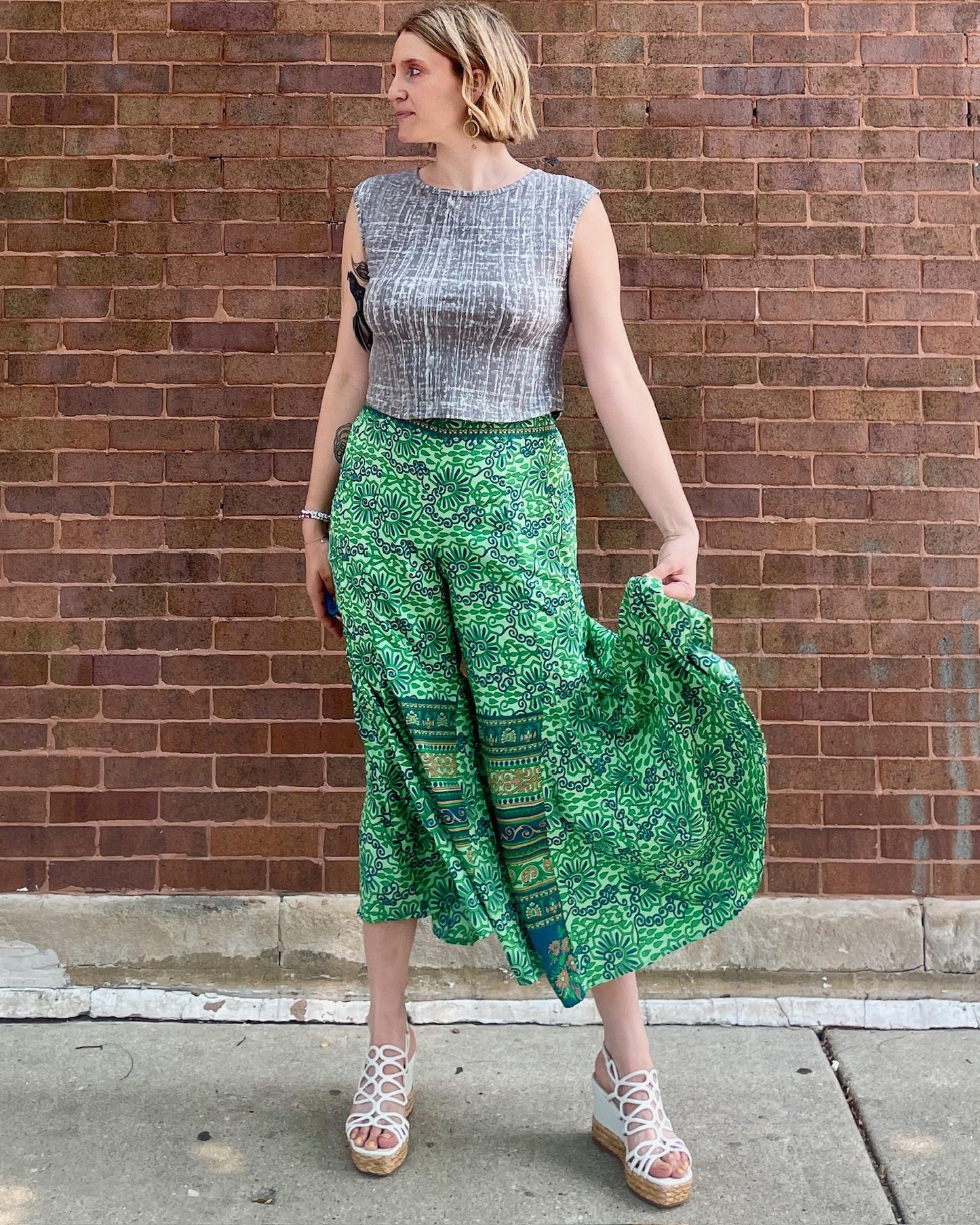 Indie Ella Marlee Bohemian Silk Flared Pants In Mint Green - Size Medium/Large