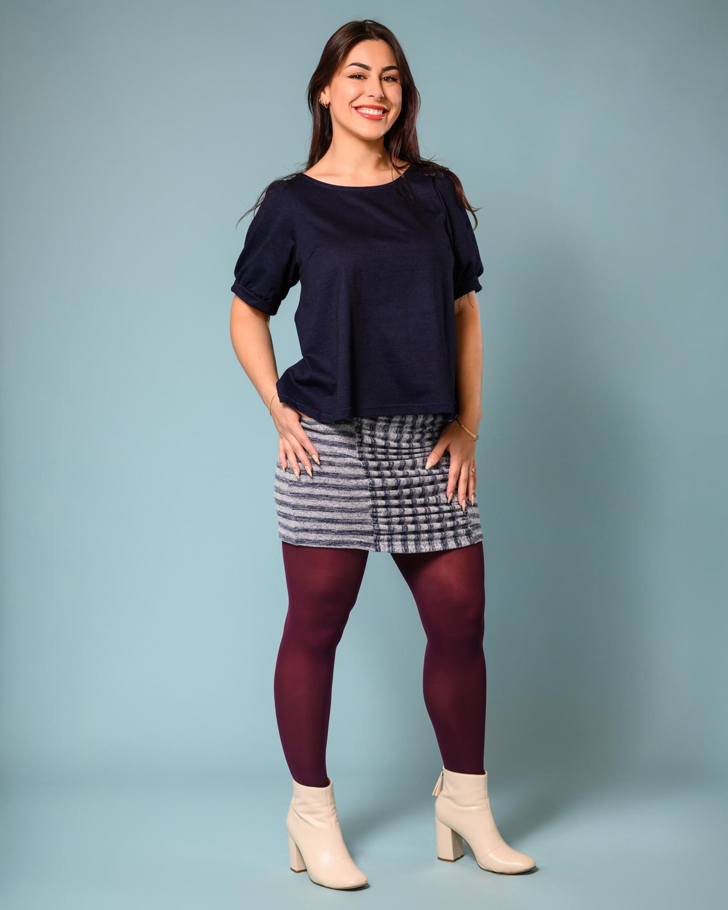 Squasht Ruched Mini Skirt In Cozy Grey & Navy Stripe Sweater Knit - SALE