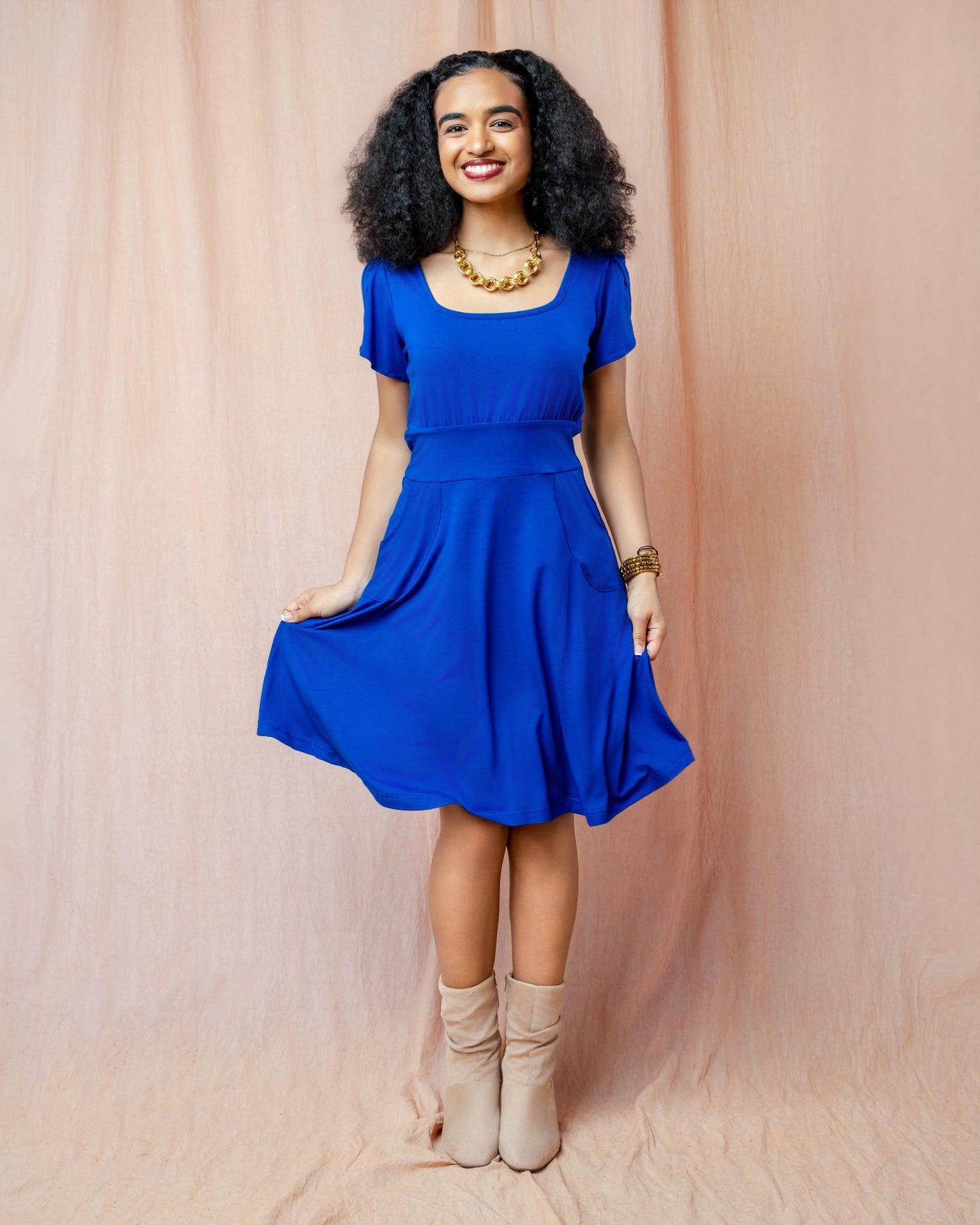 Squasht Petal Sleeve Dress in Sapphire Blue