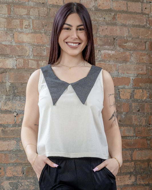 Squasht 70s Collared Tank in White Grid Print with Black Grid Collar