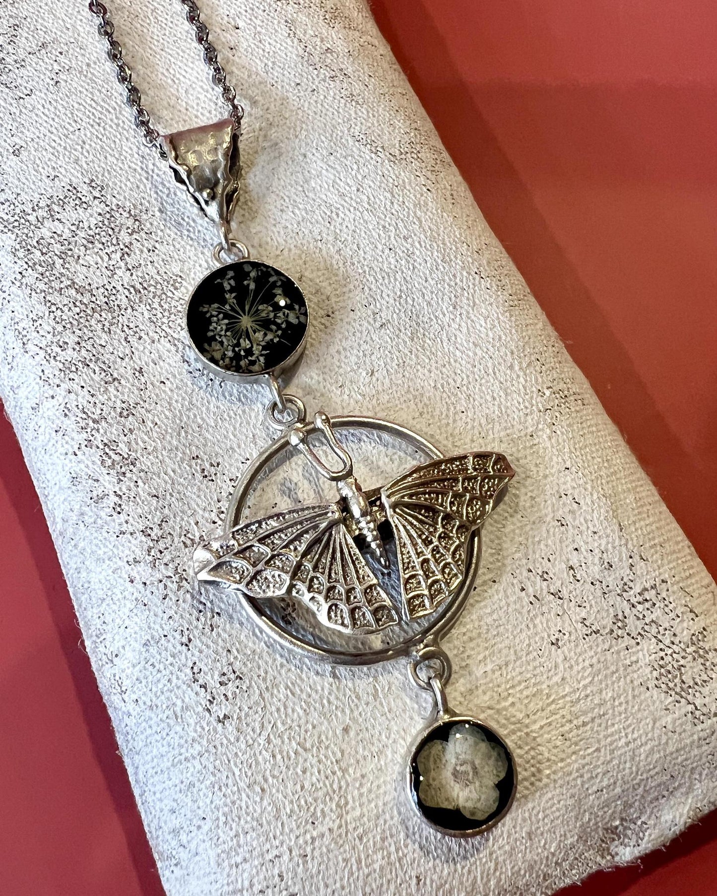 Pajaro Negro Butterfly and Floral Necklace in a Wax Sealed Box