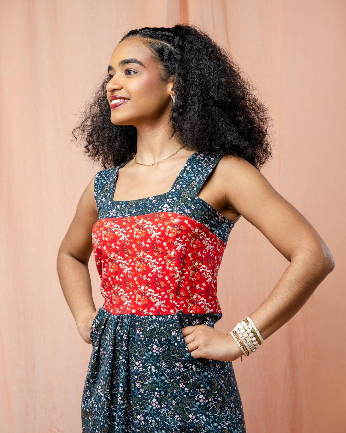 Squasht Wide Strap Dress in Scarlet and Midnight Ditsy Floral Prints