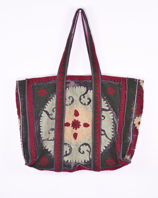 Txtile Velvet Embroidered Tote Bag - Shades of Reds and Greens