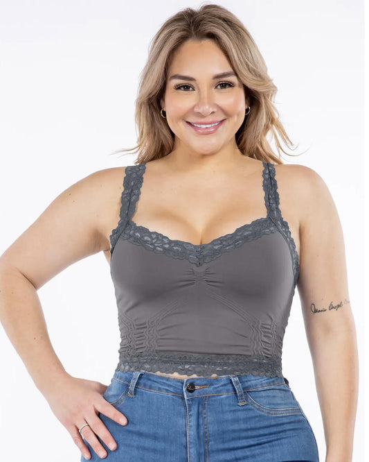 M Rena Plus Size Seamless Crop Cami Corset Look with Lace in Gun Powder