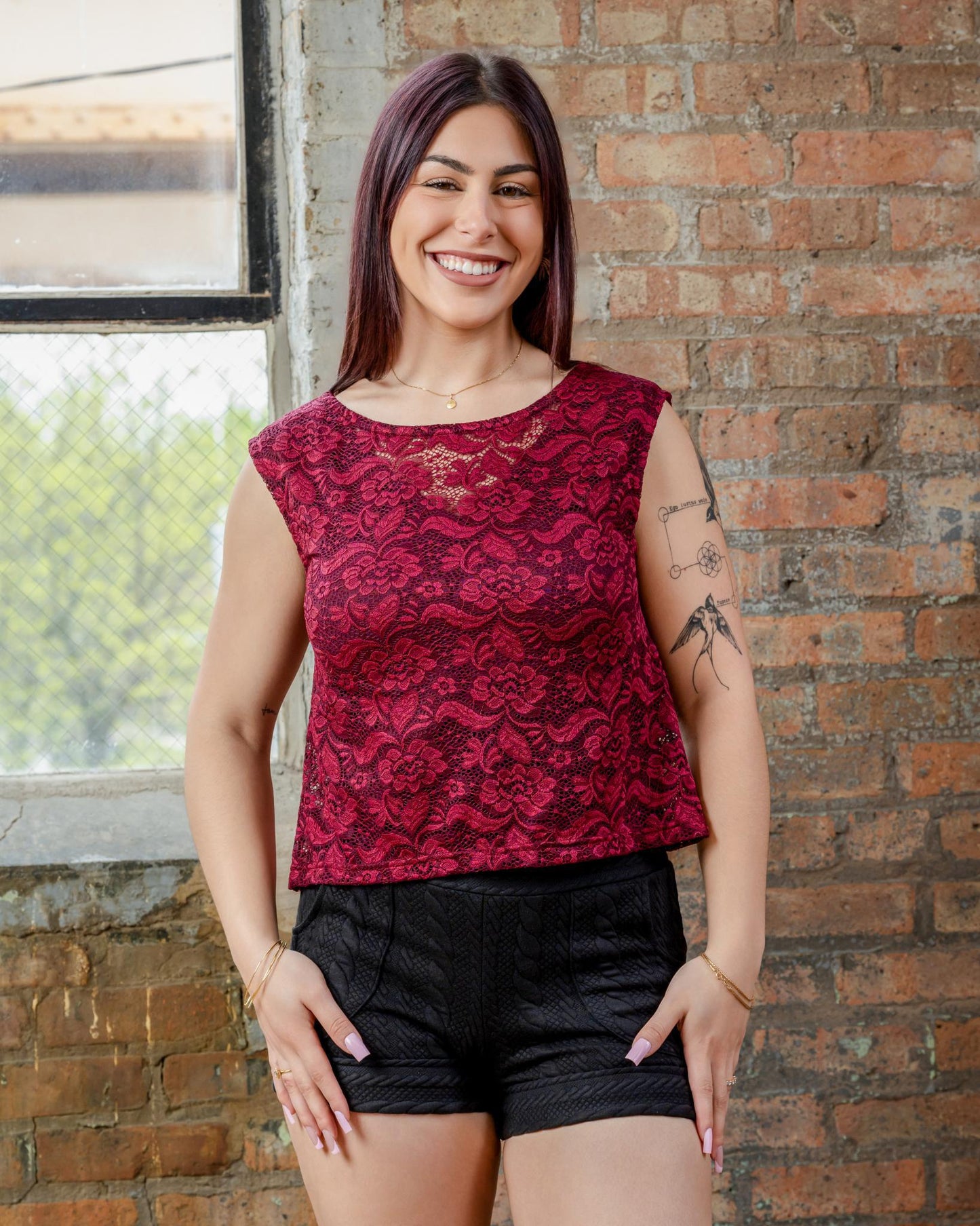 Squasht Flora Shell Top in Merlot Lace