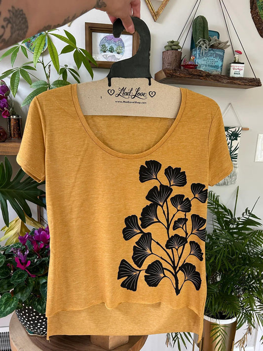 Mad Love Mustard Scoop Hi Lo Tee with Gingko Leaves