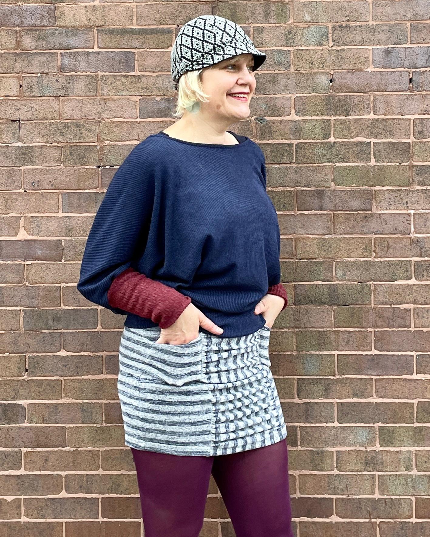 Squasht Ruched Mini Skirt In Cozy Grey & Navy Stripe Sweater Knit