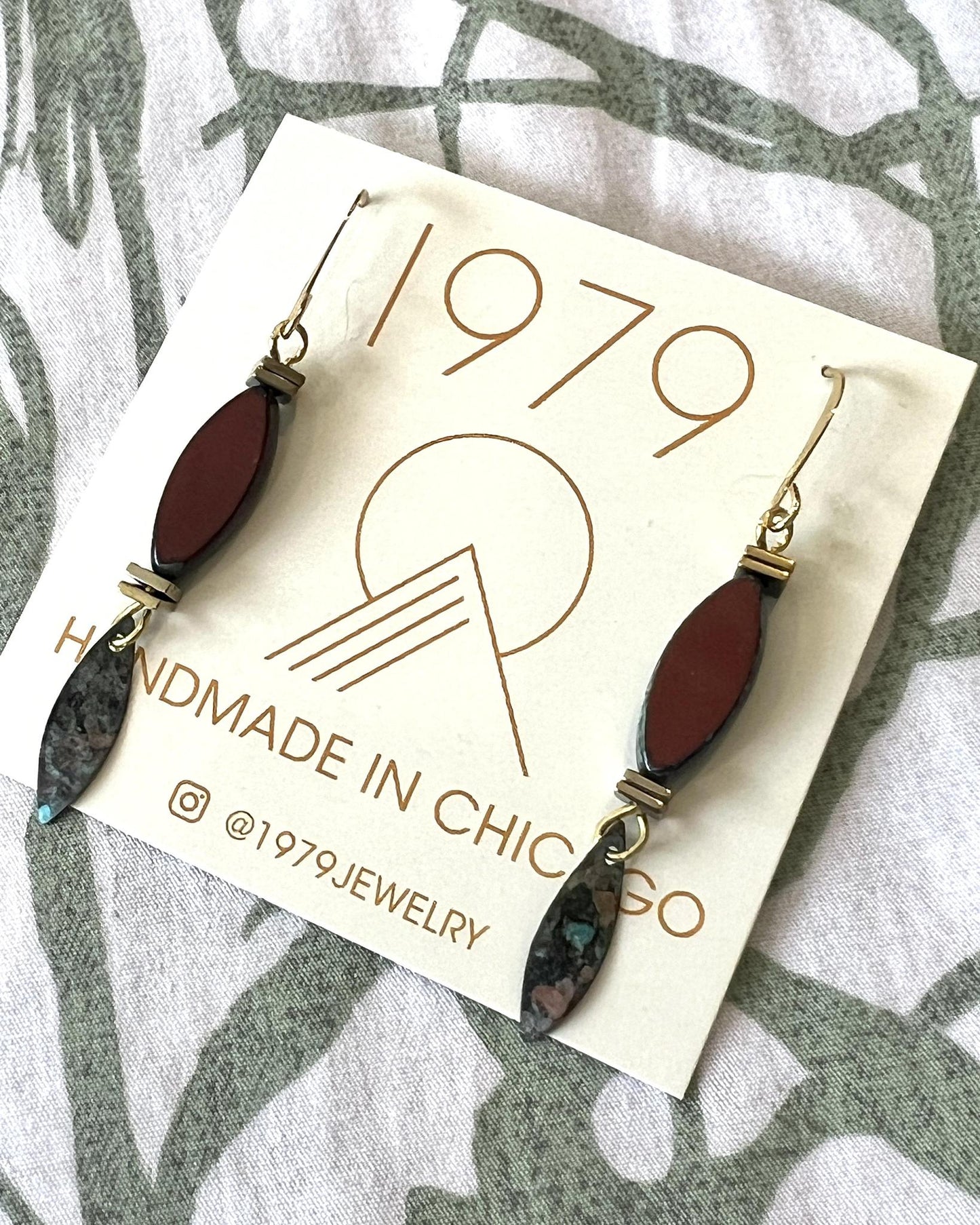 1979 Jewelry Brass Earrings Rust Ovals with Verdigris Dangles