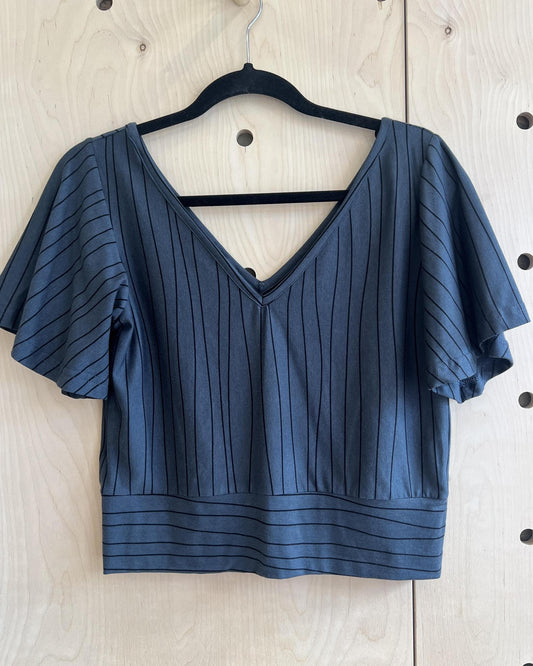 Squasht Bell Sleeve Ballet Top in Gray Lines Print