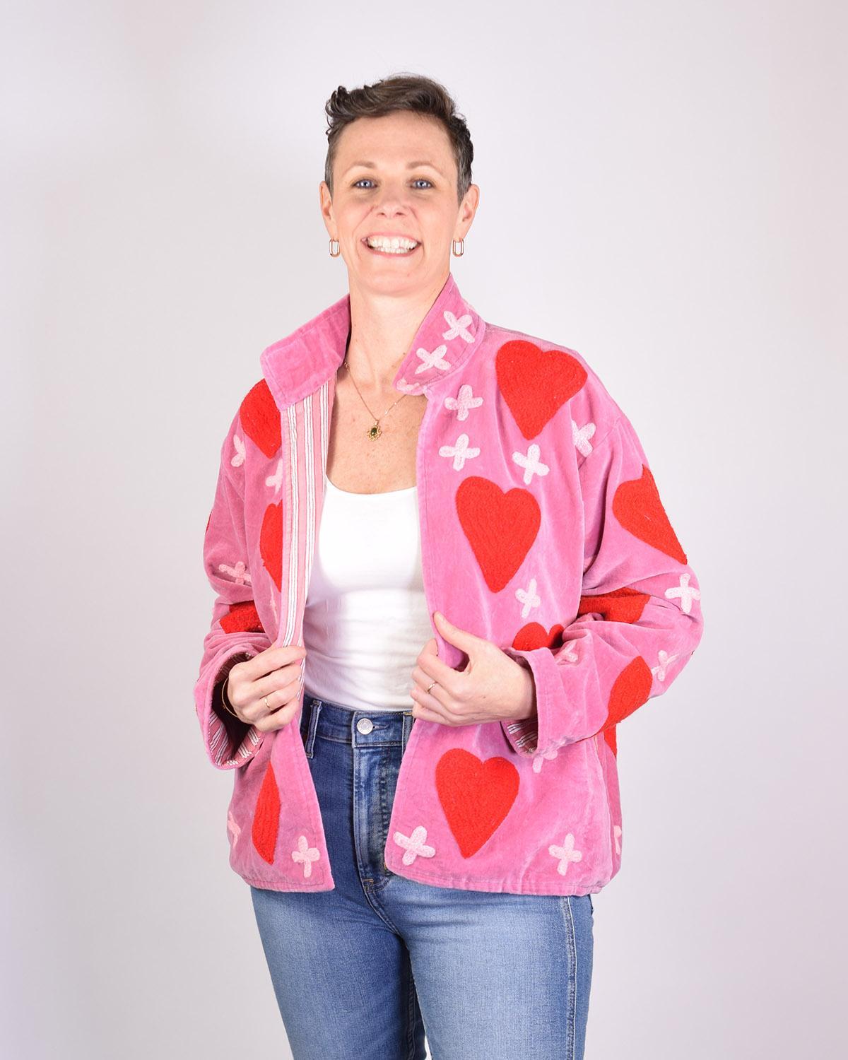 Txtile Blush Pink Velvet Jacket with Embroidered Red Hearts