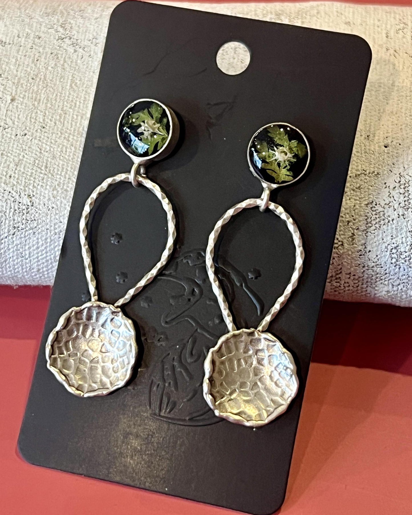 Pajaro Negro Hammered Circle Earrings w/ Python Vertebrae and Ferns