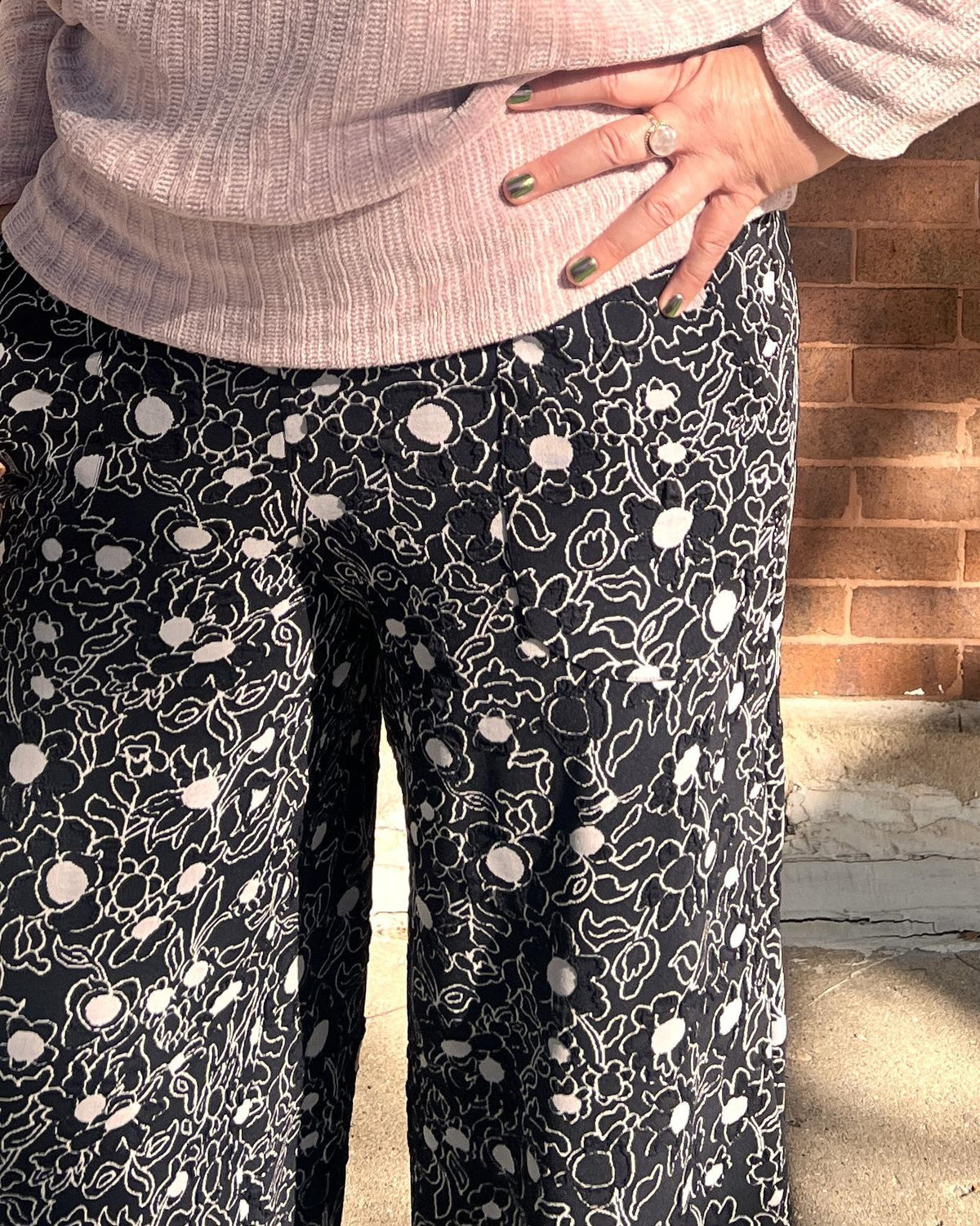 Squasht SAMPLE - Cropped Wide Leg Long Length Pants in Textured Black Floral - Size Medium