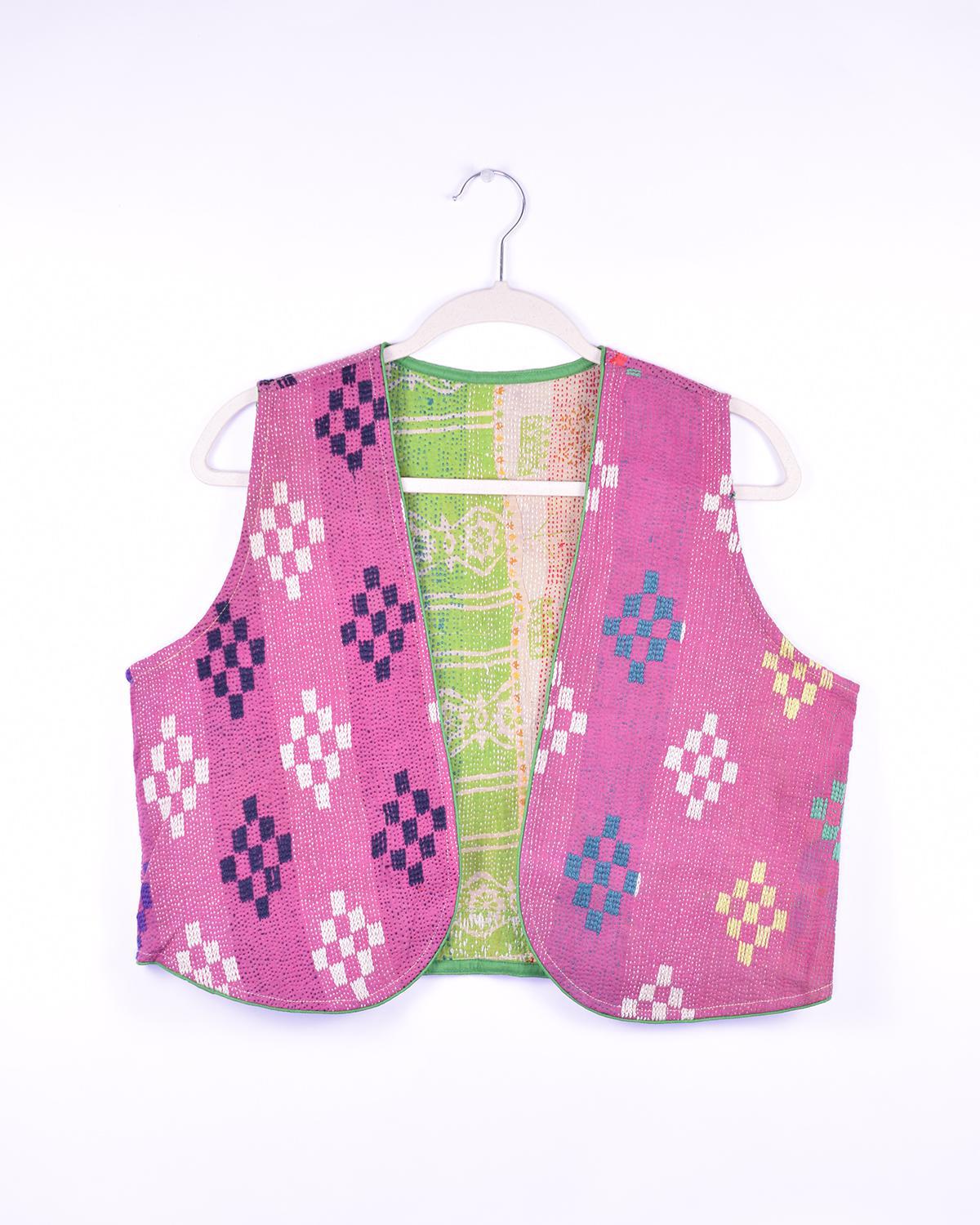 Txtile Maddie Quilted Reversible Patchwork Kantha Quilt Vest in Fushcia Geo