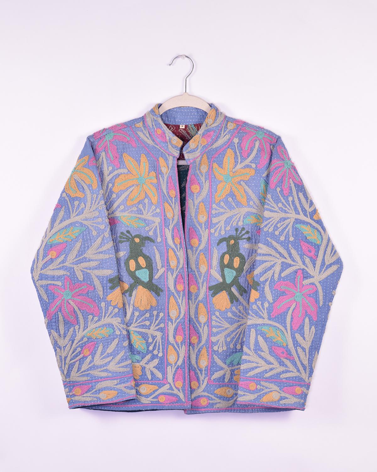 Txtile Billie Quilted Reversible Patchwork Kantha Jacket - Size Small - Periwinkle Embroidery with Birds & Flowers
