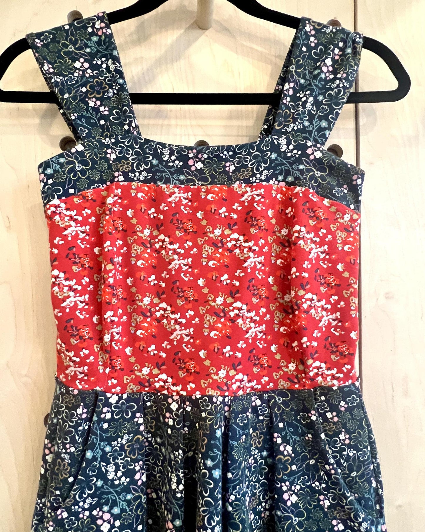 Squasht Wide Strap Dress in Scarlet and Midnight Ditsy Floral Prints