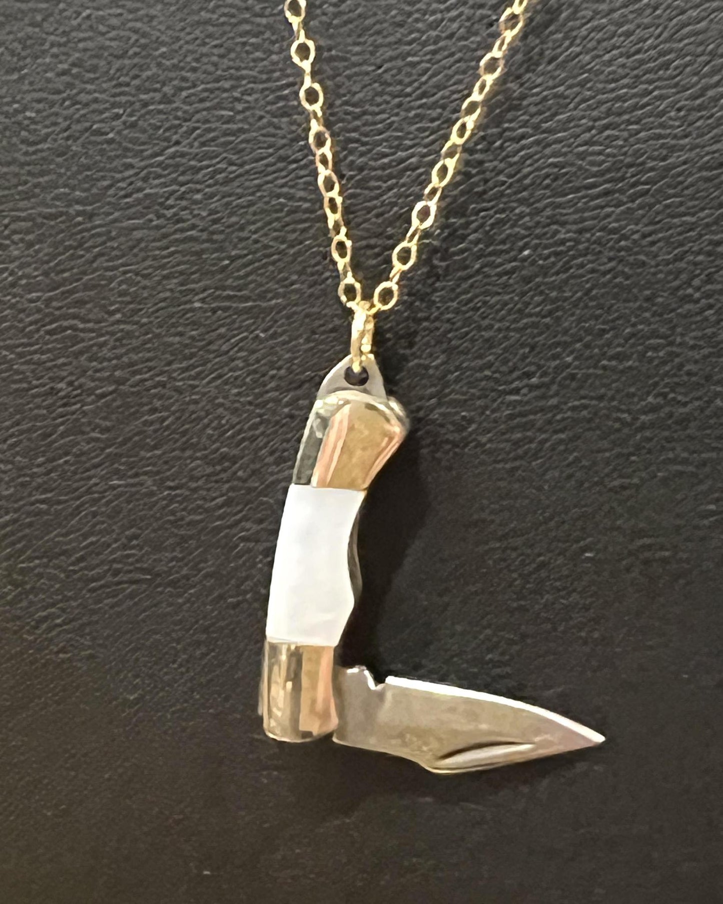 1979 Jewelry Knife Necklace 1-inch Mother of Pearl Necklace - 14kt gold fill chain