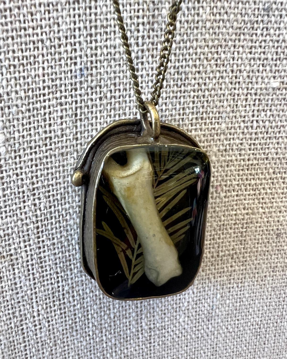 Pajaro Negro Coyote Bone Fern Brass Rectangular Pendant Necklace