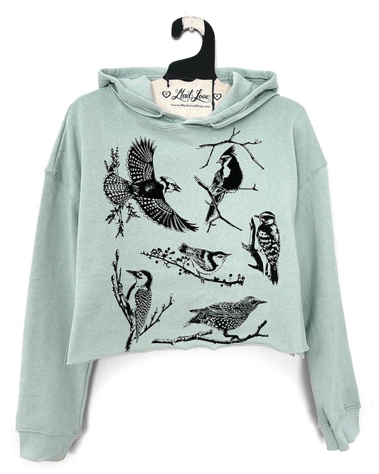 Mad Love Sea Foam Crop Hoodie With Backyard Birds - Size Large