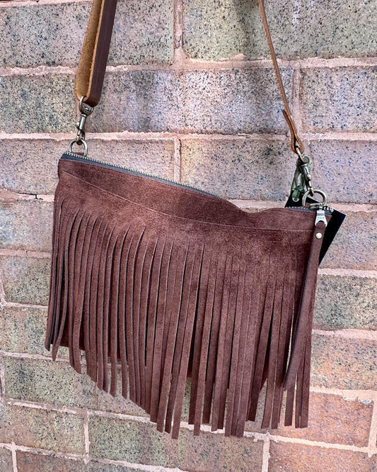 Vallente Leather Fringe Handbag in Mahogany