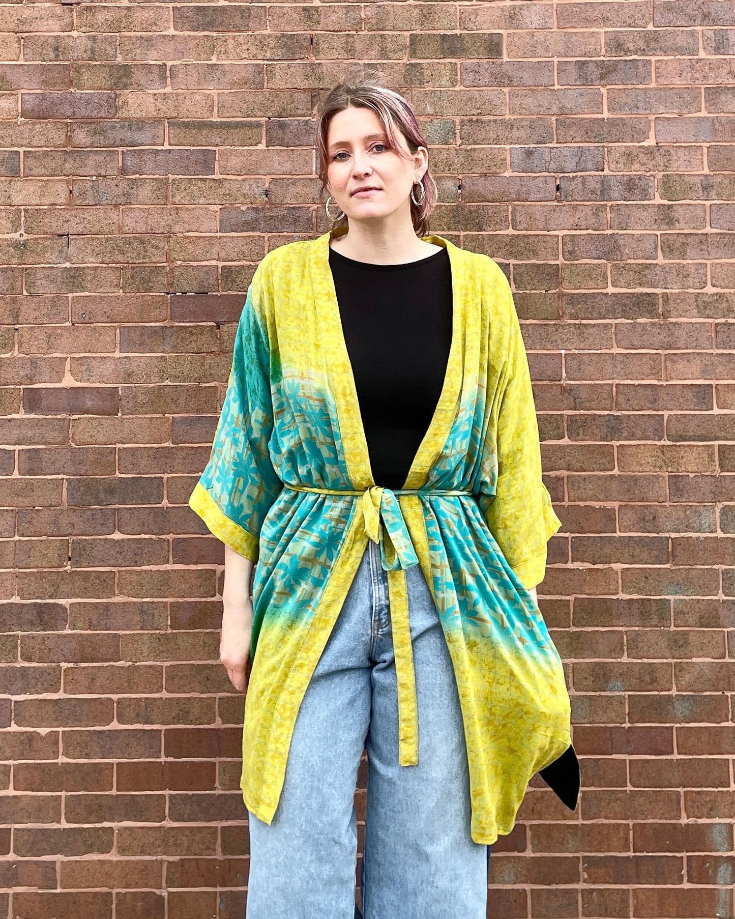 Indie Ella Double Flannery Lined Crepe Silk Kimono in Chartreuse