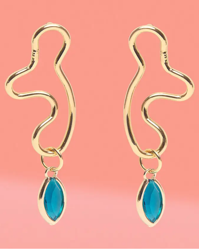 Tribe + Temple Wiggle Hoop Earrings with Blue Glass Charm
