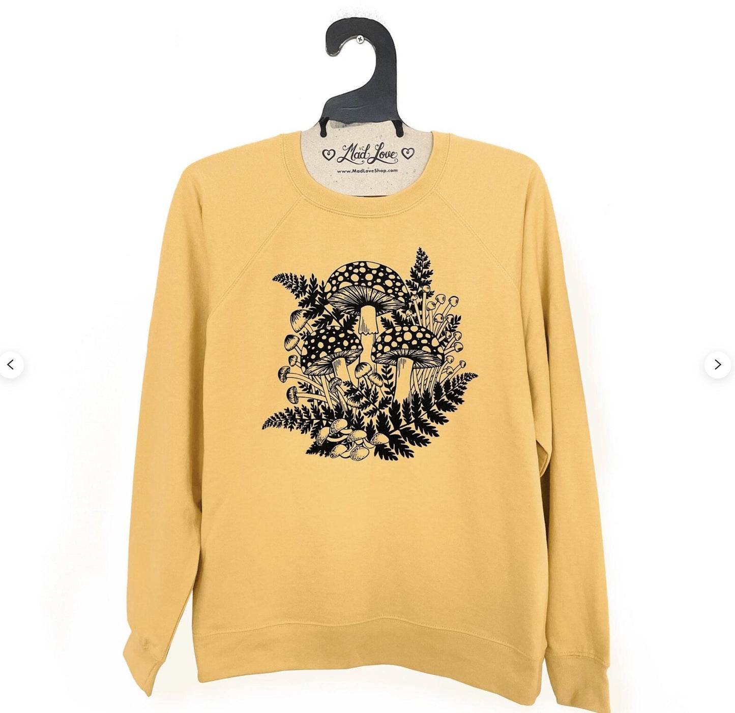 Mad Love Unisex Light Mustard Gold French Terry Sweatshirt with Mushrooms and Ferns - Small - SALE