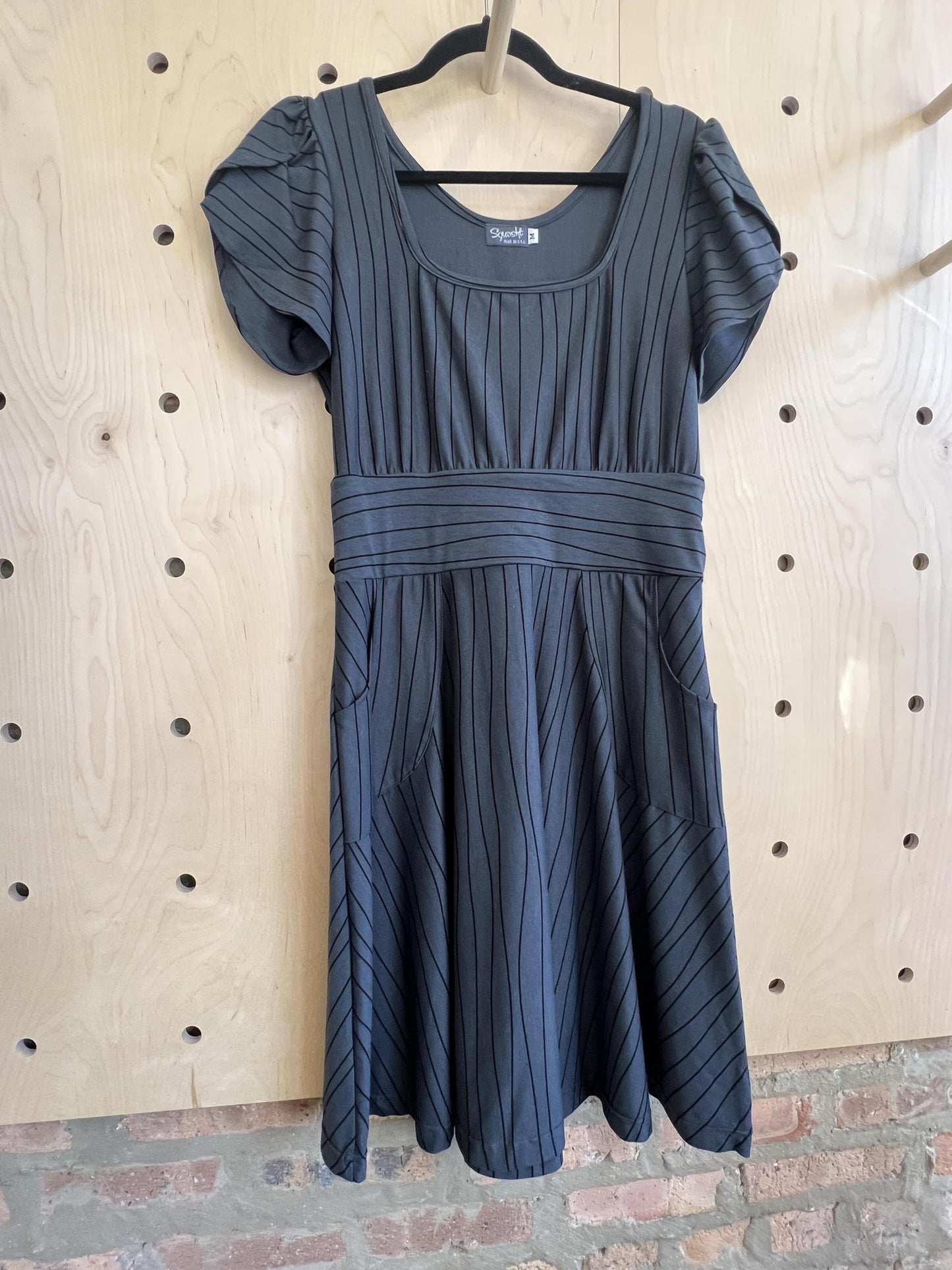 Squasht Petal Sleeve Dress in Gray Lines Print