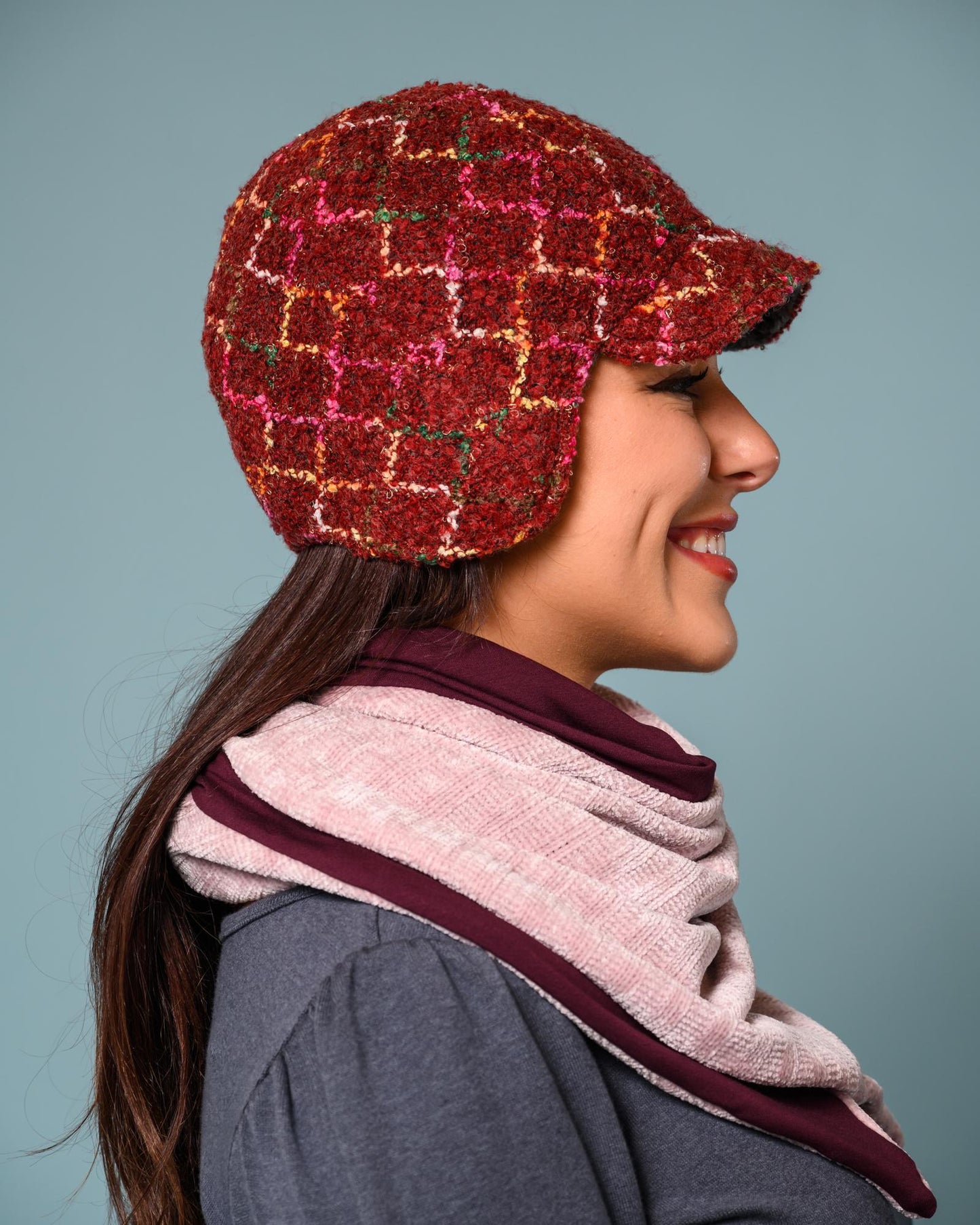 Squasht Darby Earflap Hat in Cranberry Boucle with Squiggly Pattern
