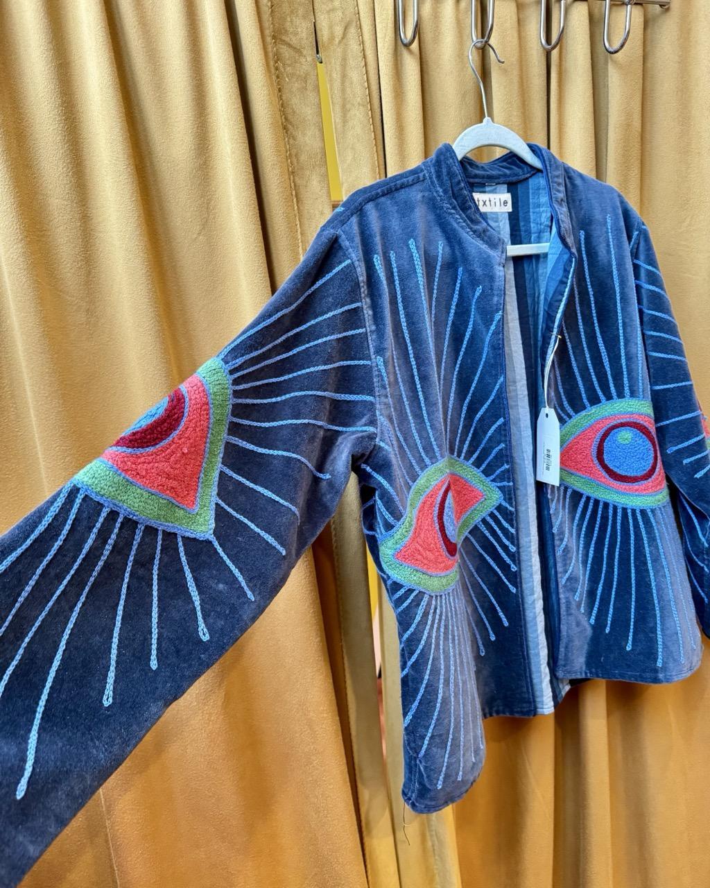 Txtile Velvet Evil Eye Jacket - Medium Gray with Orange and Green Eyes