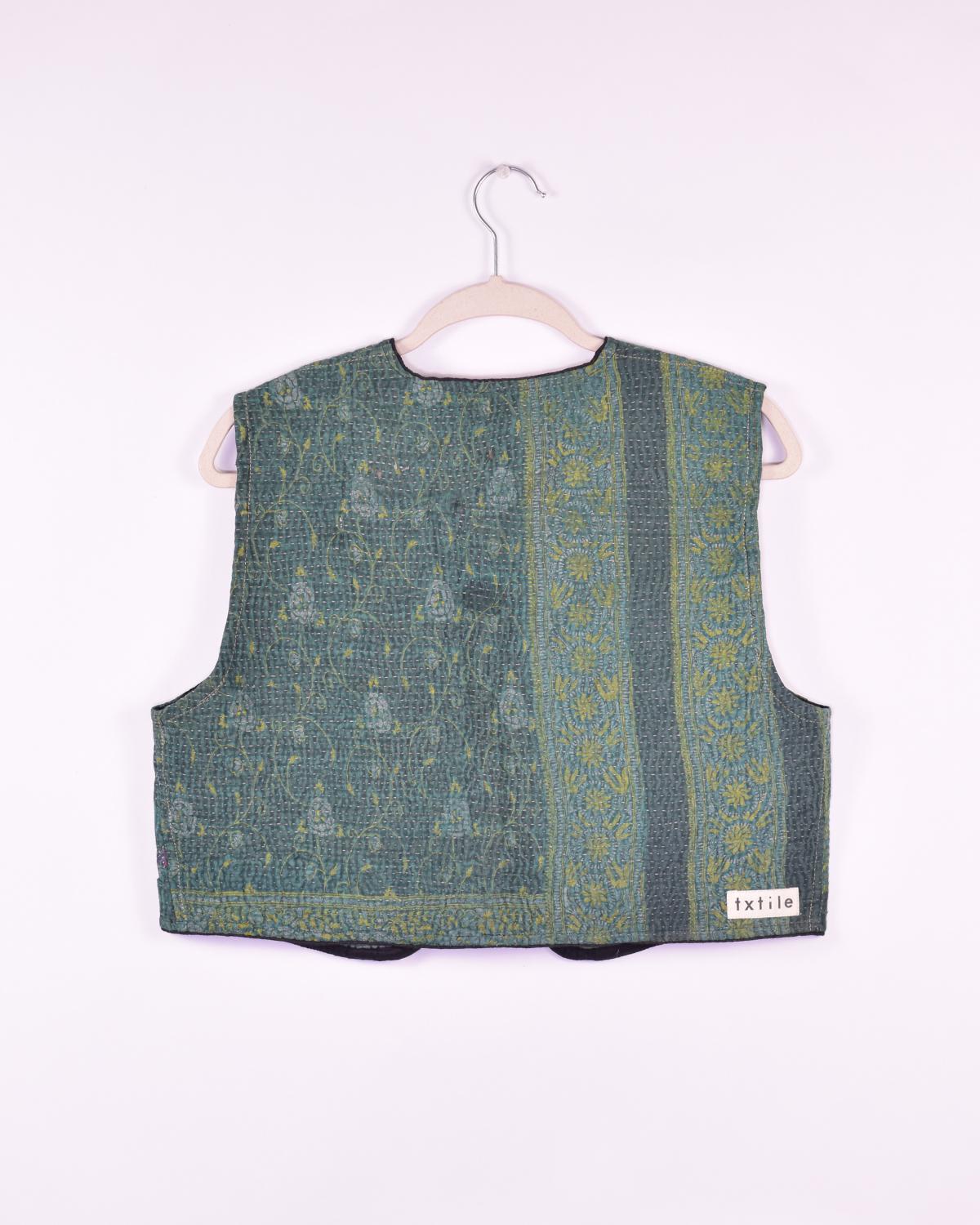 Txtile Maddie Quilted Reversible Patchwork Kantha Quilt in Forest Green