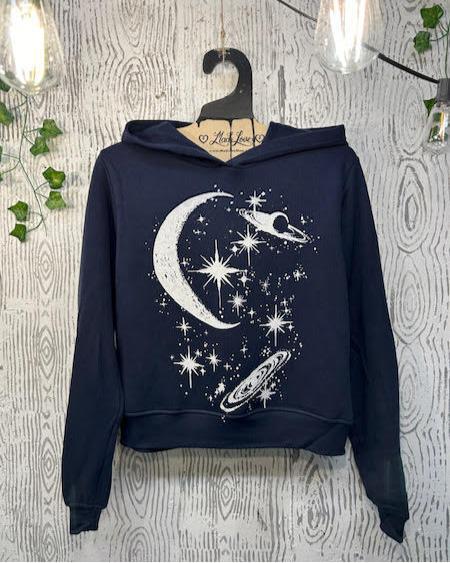 Mad Love Navy Semi-Crop Hoodie with Celestial Design