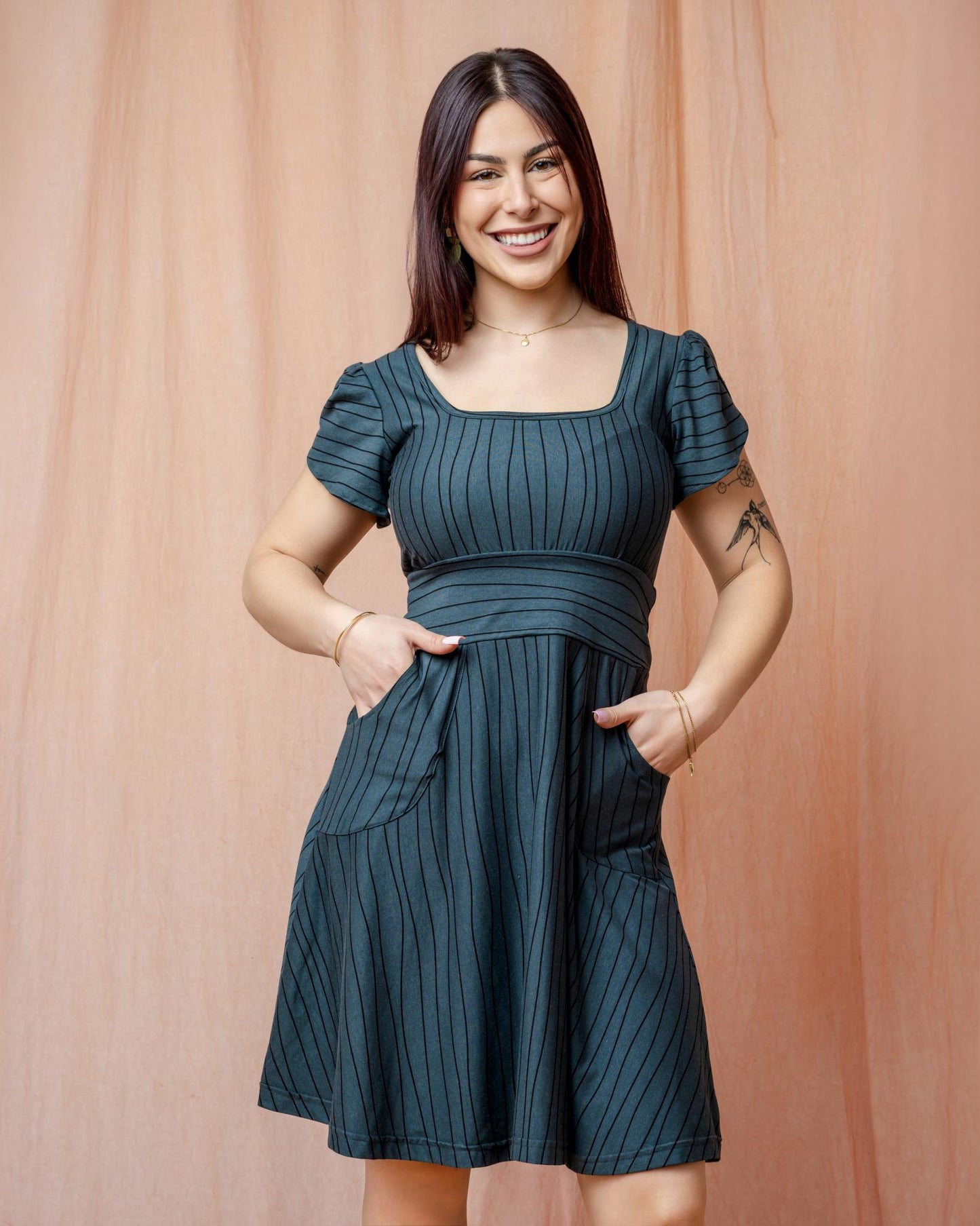 Squasht Petal Sleeve Dress in Gray Lines Print