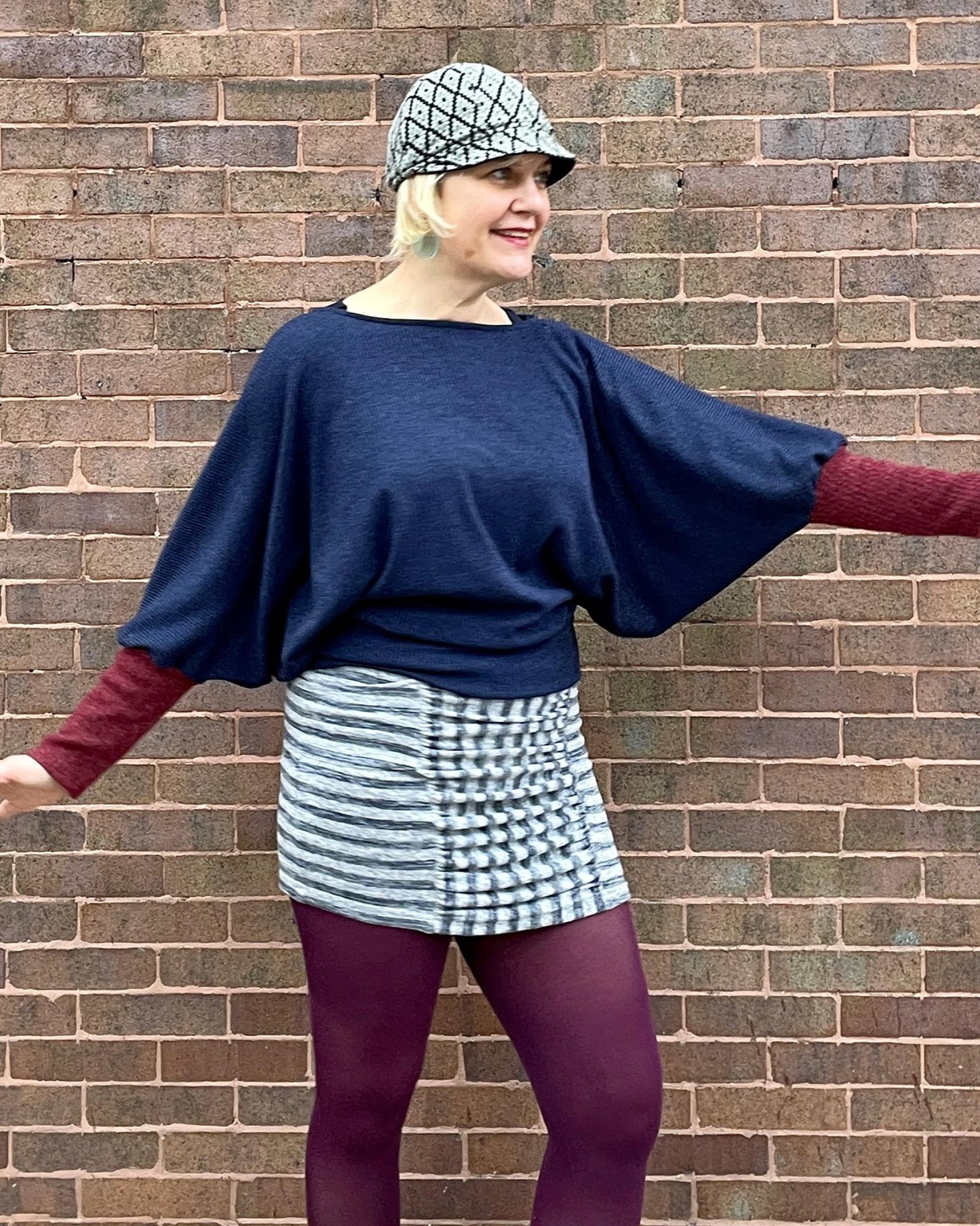 Squasht Ruched Mini Skirt In Cozy Grey & Navy Stripe Sweater Knit