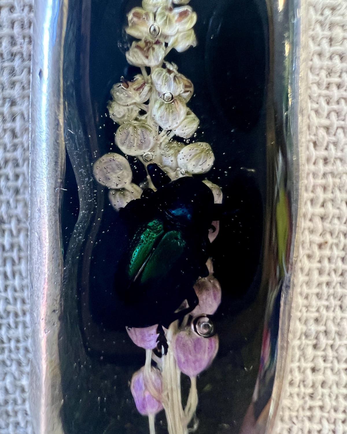 Pajaro Negro Long Silver Rectangle Beetle and Flora Pendant Necklace