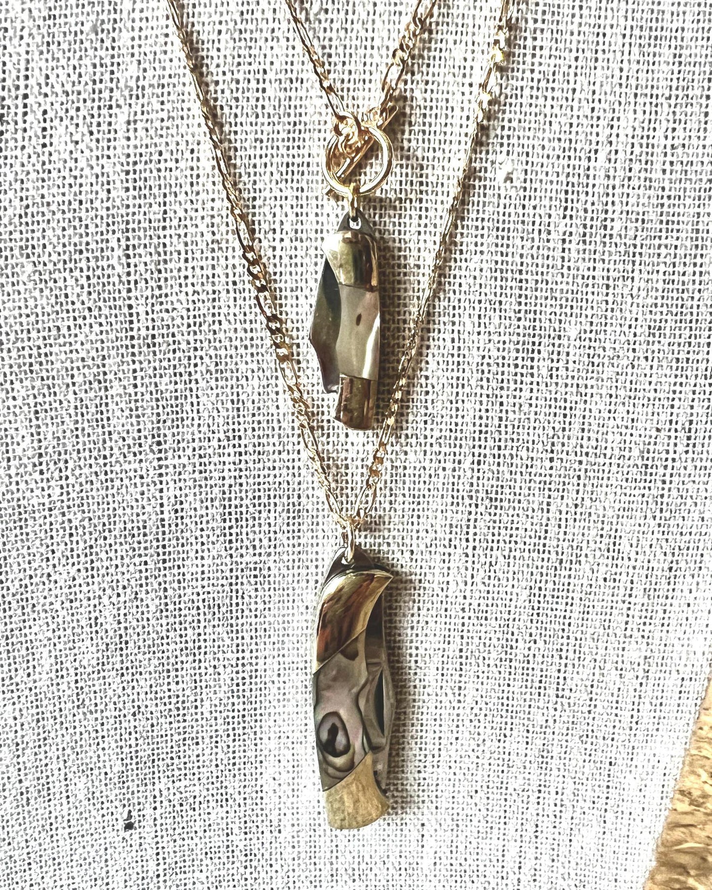 1979 Jewelry Knife Necklace 1.5 inch Multi Colored Abalone - 14kt GF chain