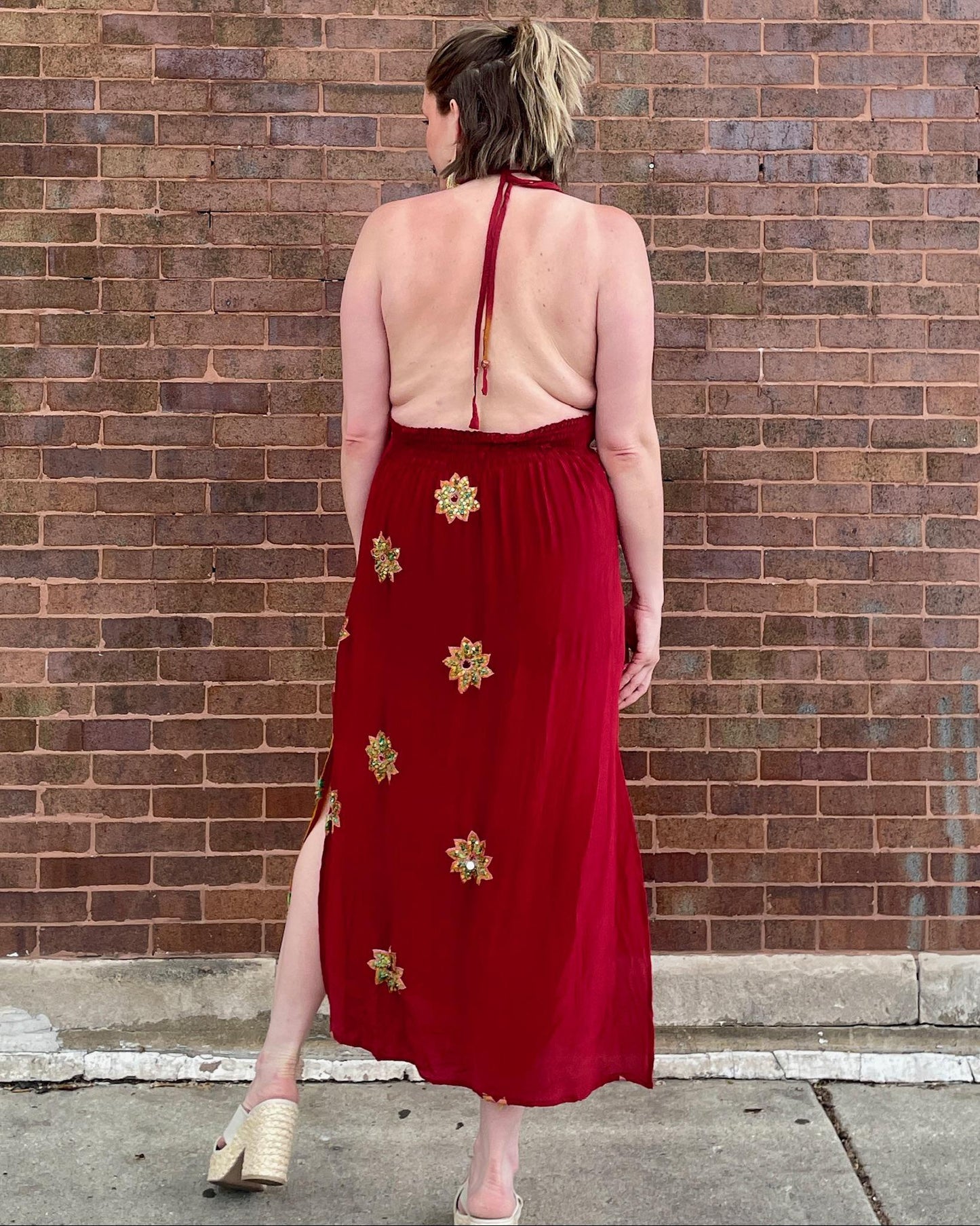 Indie Ella Eden Backless Silk Key Hole Maxi Dress in Shangri-La