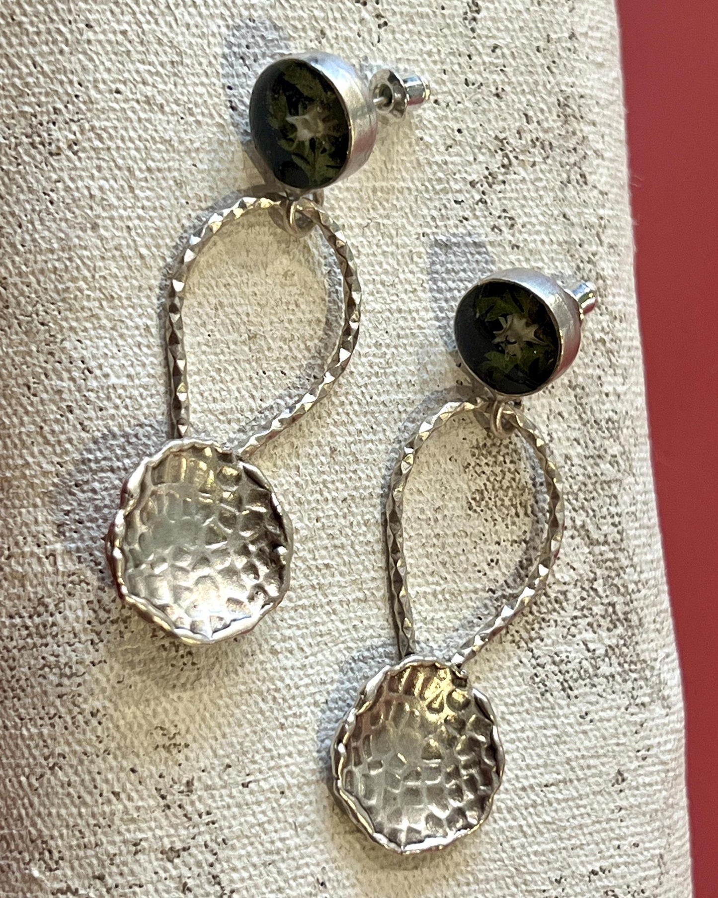 Pajaro Negro Hammered Circle Earrings w/ Python Vertebrae and Ferns