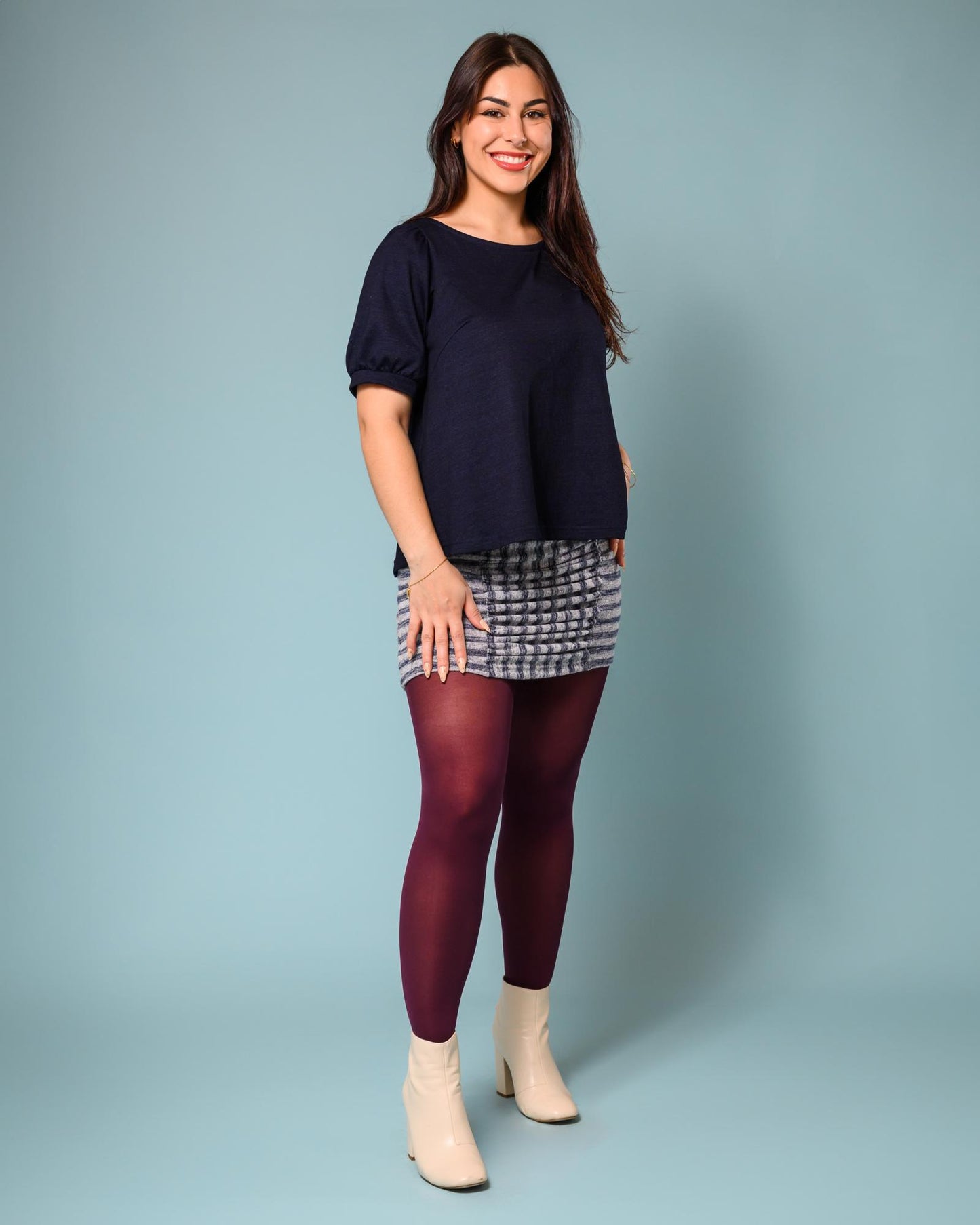 Squasht Ruched Mini Skirt In Cozy Grey & Navy Stripe Sweater Knit - SALE