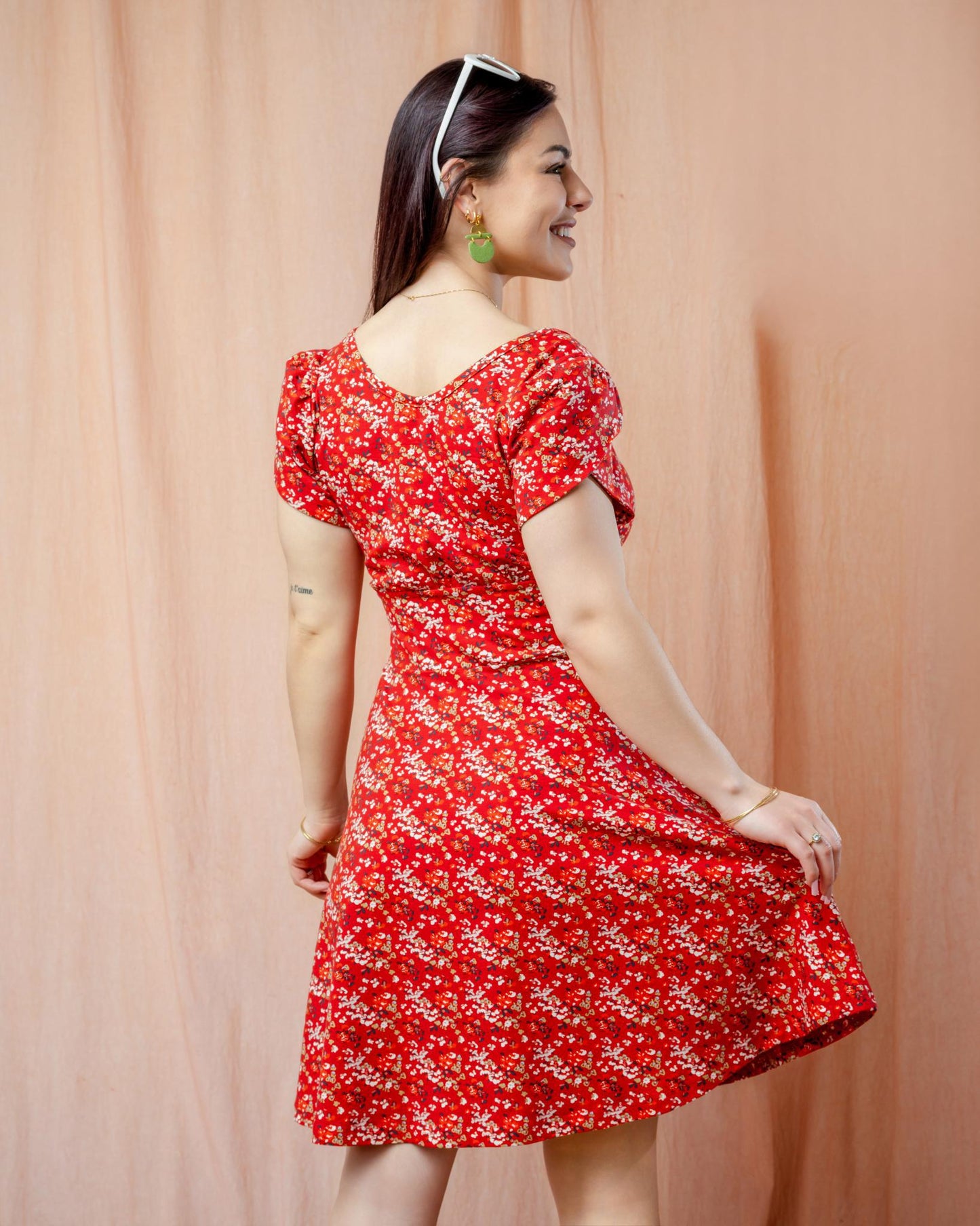 Squasht Petal Sleeve Dress in Scarlet Red Ditsy Floral Print