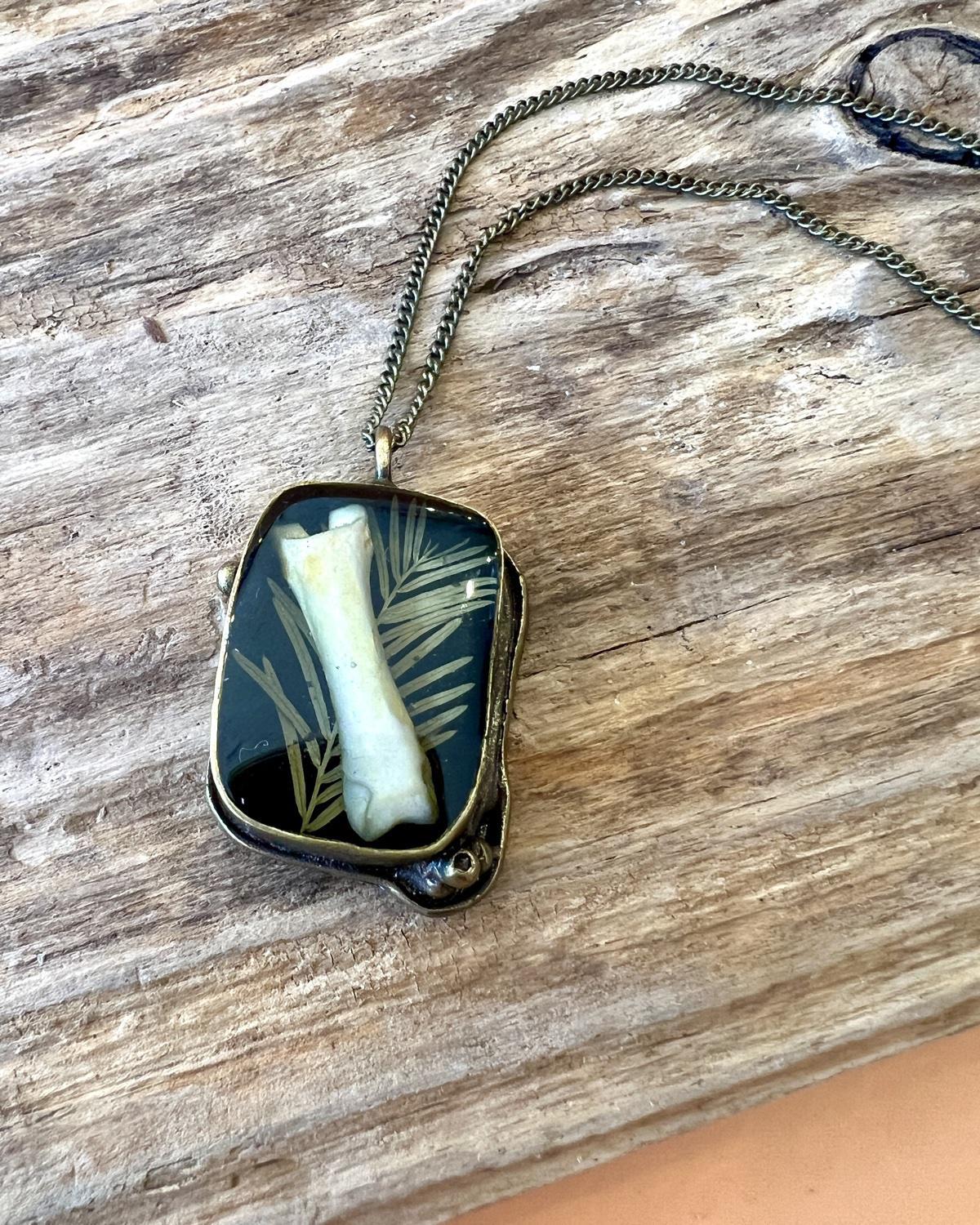 Pajaro Negro Coyote Bone Fern Brass Rectangular Pendant Necklace