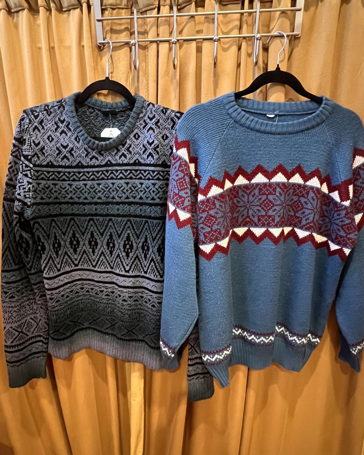 American Recycled Clothing - Full Length Knit Sweater - Fair Isle Style in Blue & Red - SALE