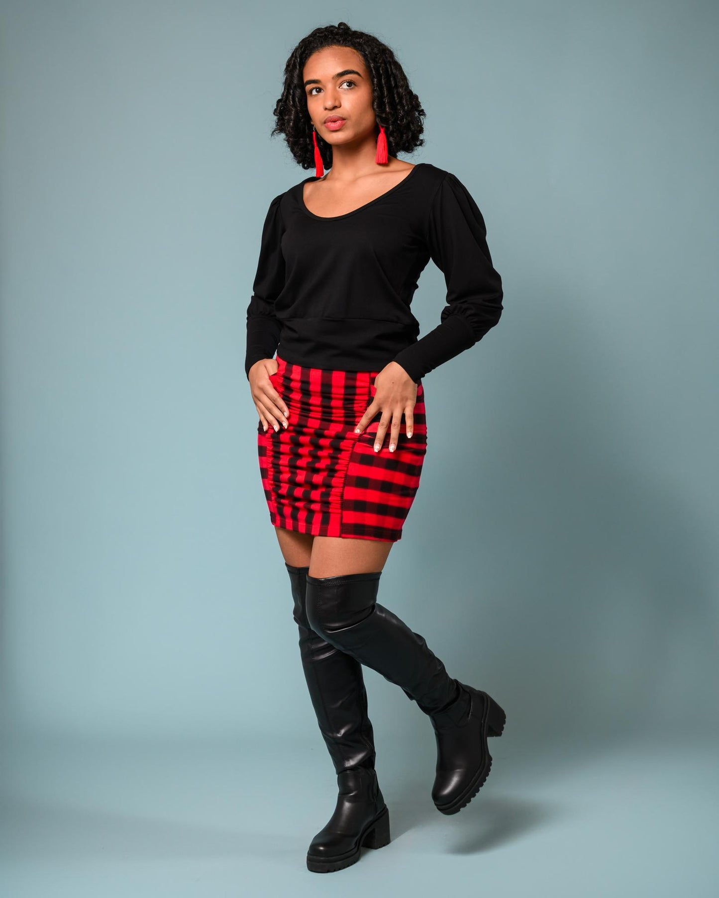 Squasht Ruched Mini Skirt In Red and Black Lumberjack Plaid - Size Small - SALE