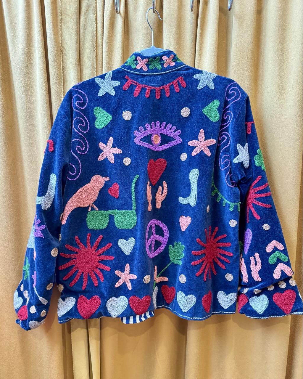 Txtile Navy Velvet Jacket with Embroidered Peace, Evil Eye, Boots, Hearts Motif