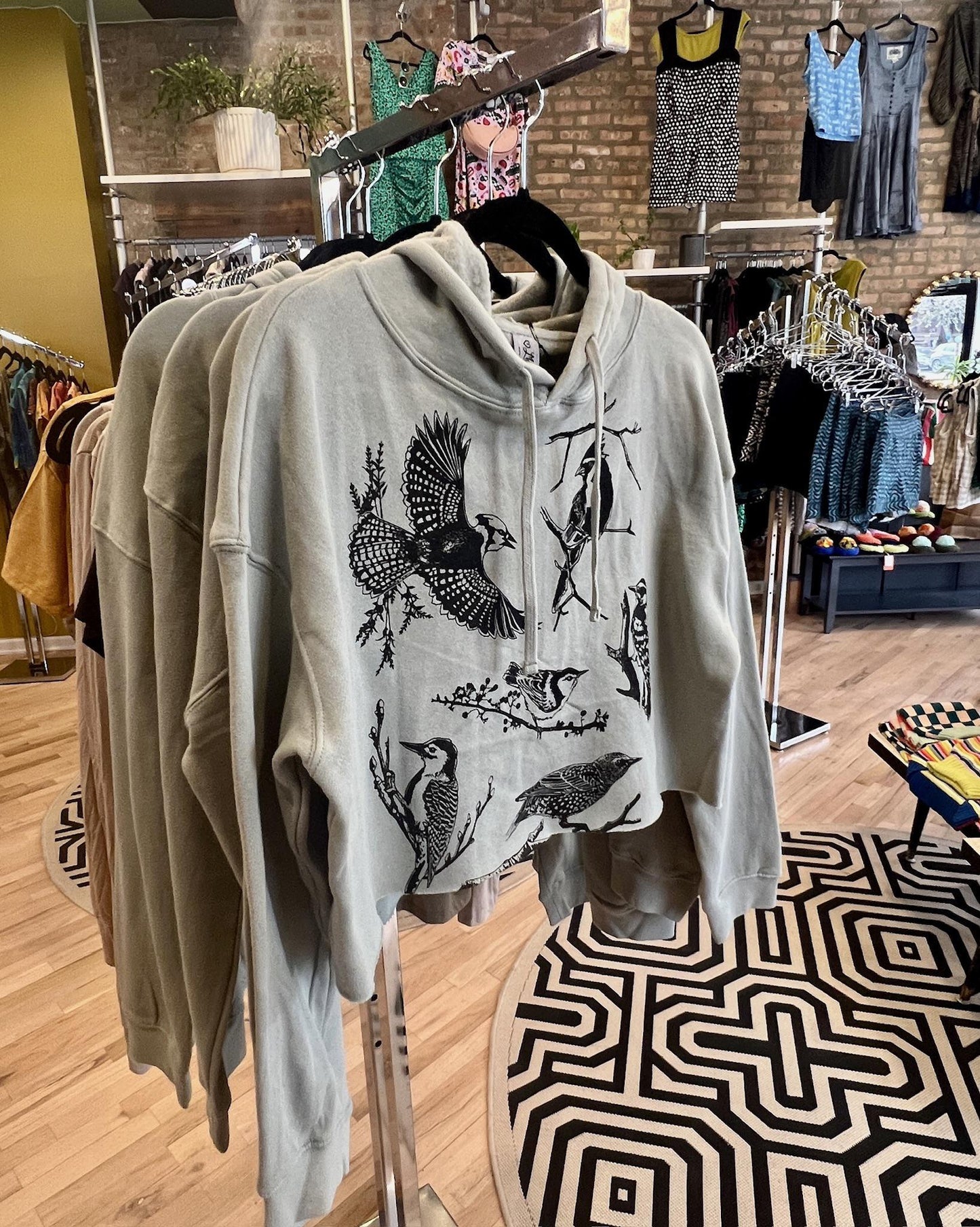 Mad Love Sea Foam Crop Hoodie With Backyard Birds - Size Large