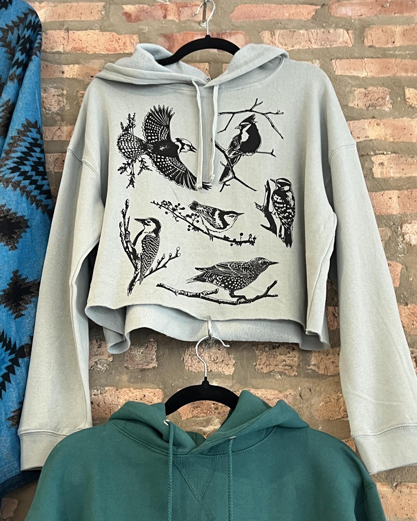 Mad Love Sea Foam Crop Hoodie With Backyard Birds - Size Large