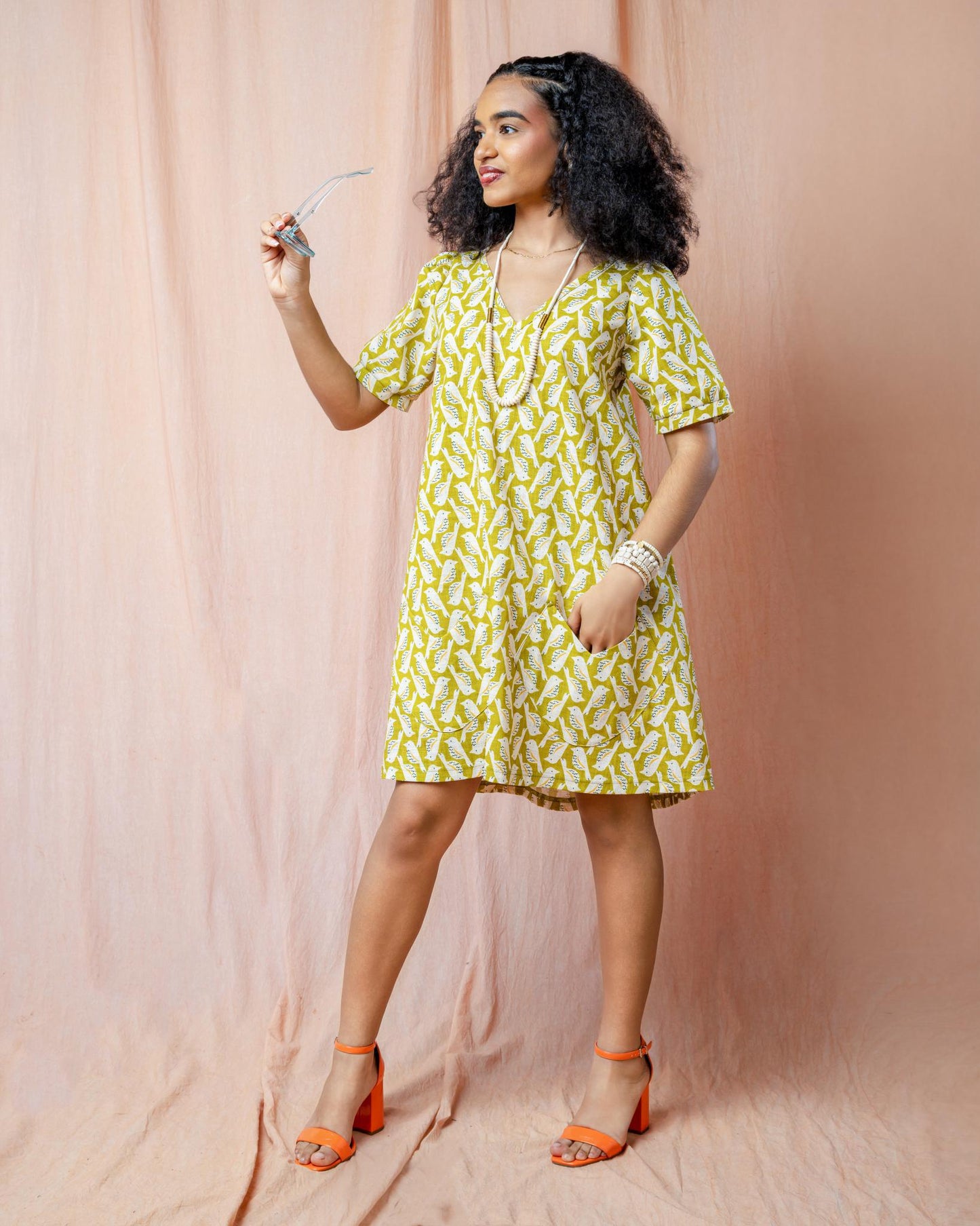Squasht Winifred Dress Chartreuse Cotton Poplin Birds Print 🦜