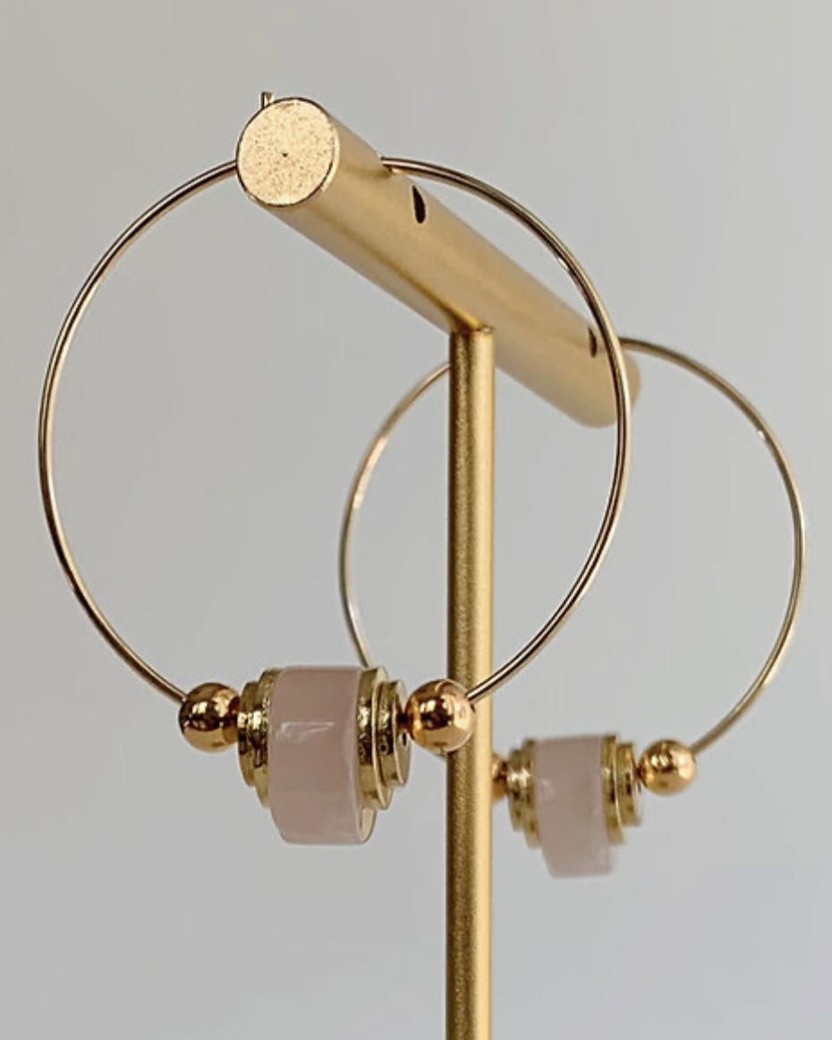 caliLOVESchi 14k Gold Hoops - Rose Quartz