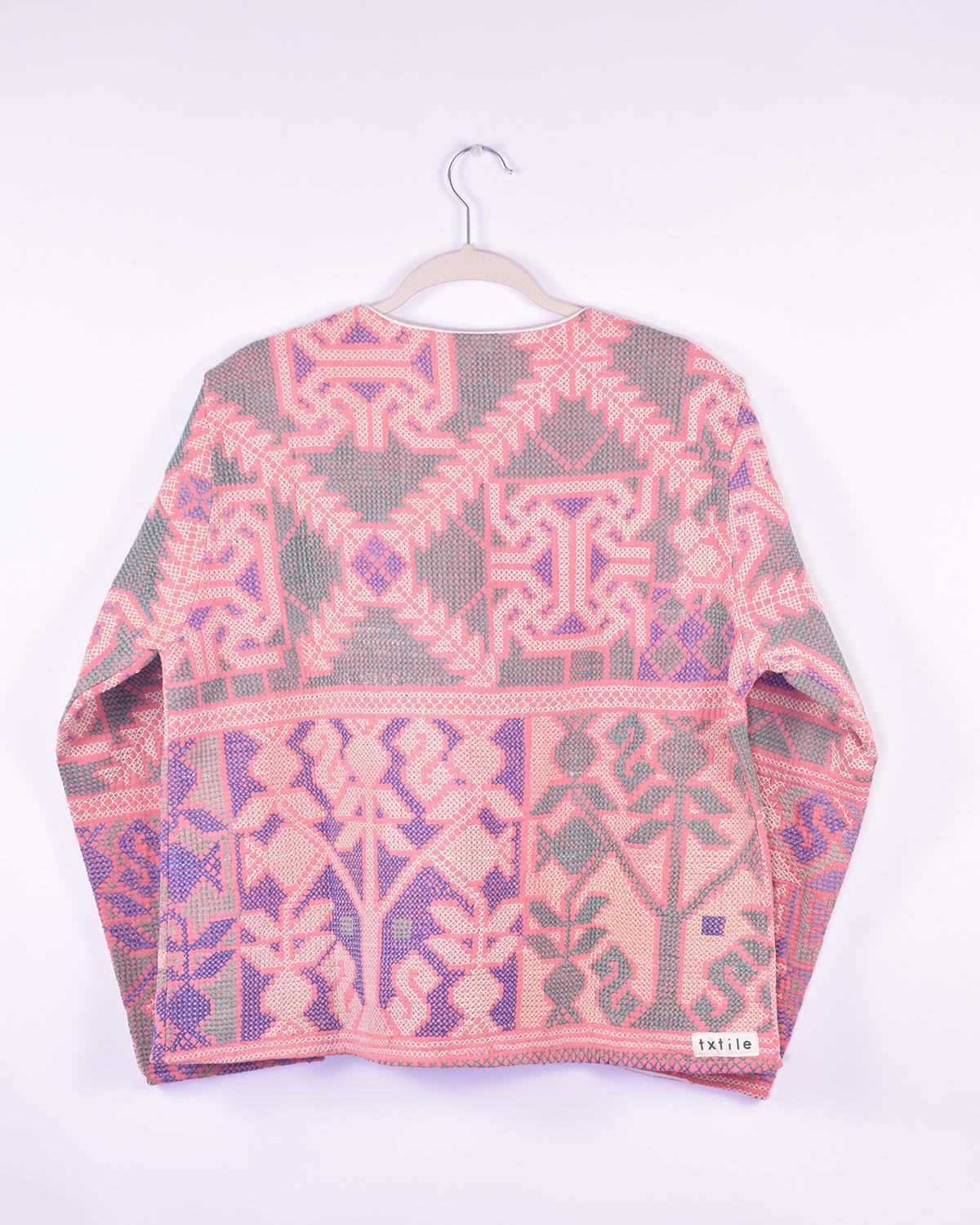 Txtile Billie Quilted Reversible Patchwork Kantha Jacket - Size Large - Allover Intricate Crosshatch Embroidery in Pink & Green